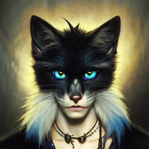 Image similar to portrait painting of a punk catfolk bard with blue eyes and black fur, ultra realistic, concept art, intricate details, eerie, highly detailed, photorealistic, octane render, 8 k, unreal engine. art by artgerm and greg rutkowski and charlie bowater and magali villeneuve and alphonse mucha