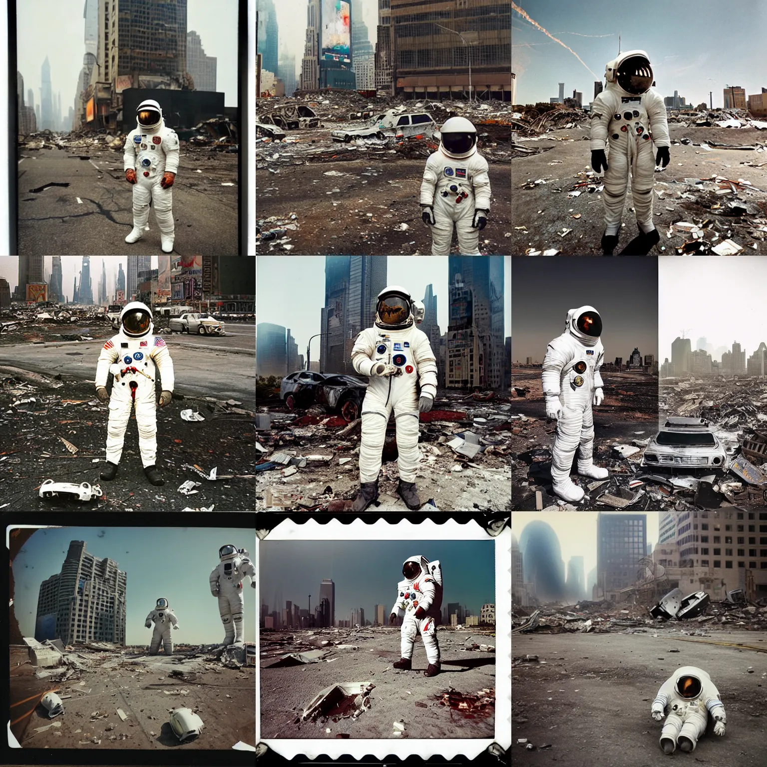 Prompt: american white spacesuit astronaut with oversized helmet in postapocalyptic abandoned destroyed times square, wrecked buildings, destroyed flipped wrecked cars, giant crater in distance, polaroid photo, vintage, neutral colors, by gregory crewdson
