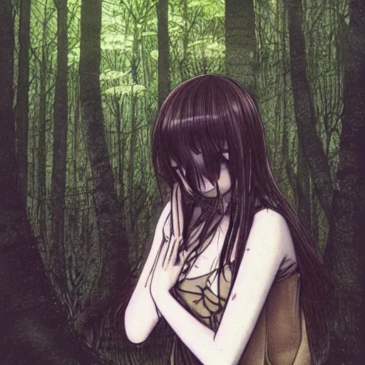 Image similar to detailed cute girl in a forest, style from asano inio, detailed face