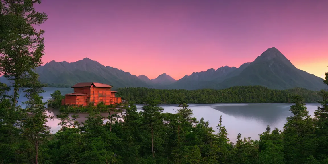 Prompt: a serene mountain landscape with a singular building near a lake at sunset anime style 8k low saturation high quality high detail cartoon