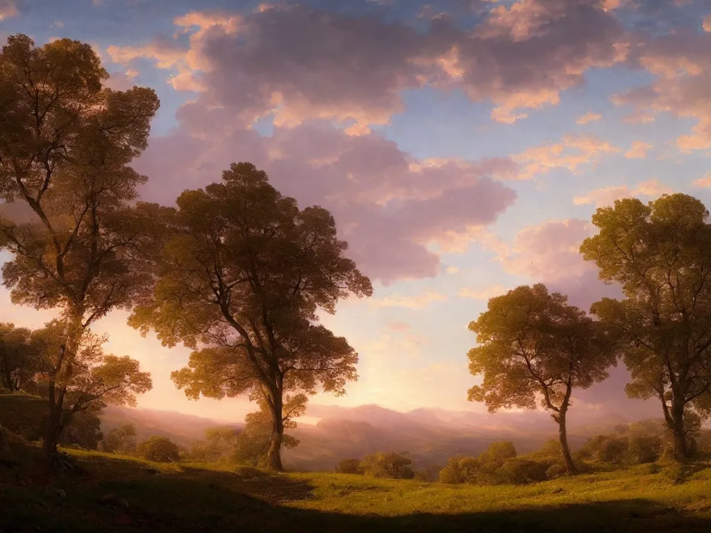 Image similar to epic landscape with rolling hills, old trees and flower meadows in a beautiful sunrise with small pink clouds in the sky by alexandre calame, golden ratio, artstation, vray render