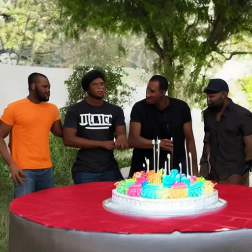 Image similar to several black guys surrounding a big cake. ultra realistic.