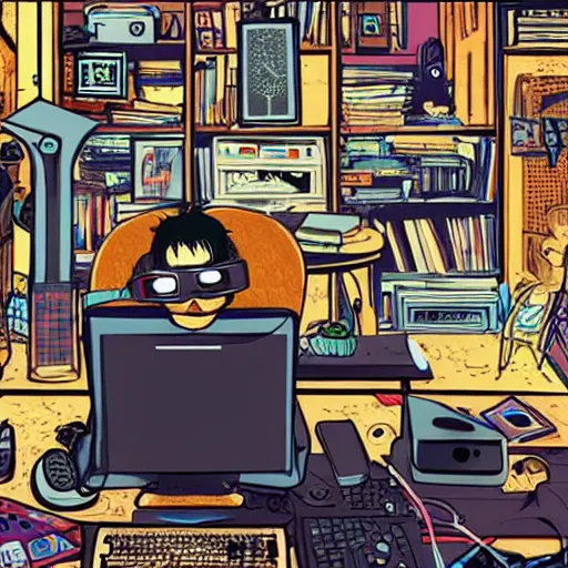 Image similar to goth computer nerd in a cluttered room wearing a vr headset, by jamie hewlett, character concept, aesthetic!!,