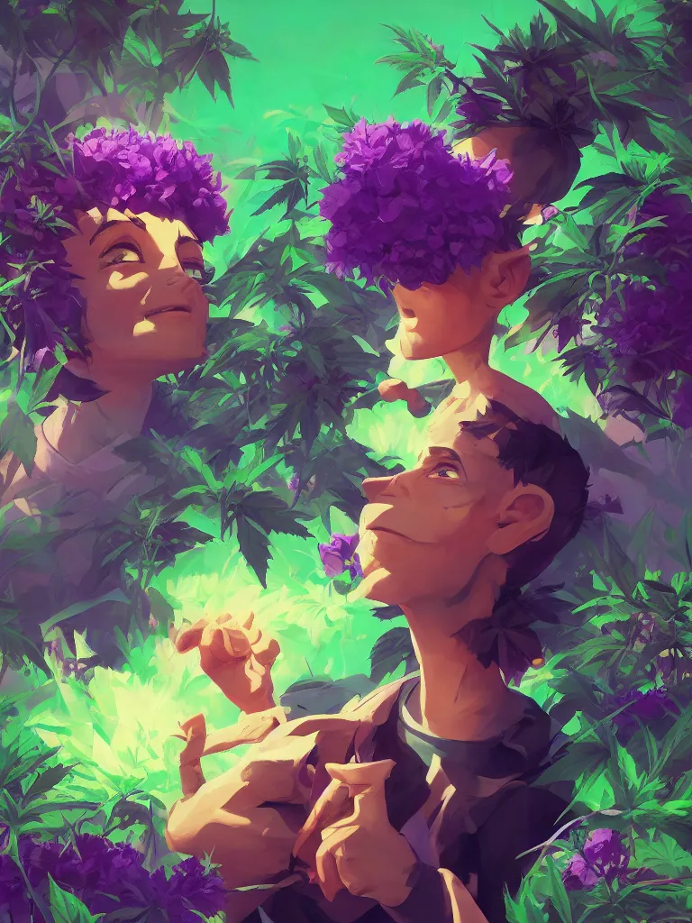 Image similar to kid with green purple flowers of marijuana hemp cannabis, behance hd by jesper ejsing, by rhads, makoto shinkai and lois van baarle, ilya kuvshinov, rossdraws global illumination, golden ratio, symmetrical beauty face