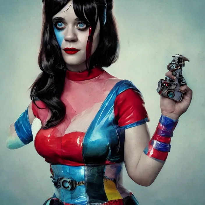 Image similar to portrait of Zooey Deschanel as a harley quinn. intricate abstract. intricate artwork. by Tooth Wu, wlop, beeple, dan mumford. octane render, trending on artstation, greg rutkowski very coherent symmetrical artwork. cinematic, hyper realism, high detail, octane render, 8k, iridescent accents