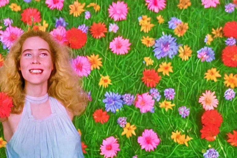 Image similar to vhs 1 9 8 0 s cinema footage of a woman surrounded by giant beautiful flowers smiling at a fire, scene from the movie midsommar, directed by ari aster, vintage film grain