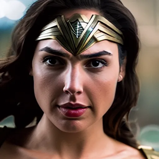 Image similar to Still of Gal Gadot as Wonder Woman, 50% Mediterranean, stunning closeup, 35mm F/1.2