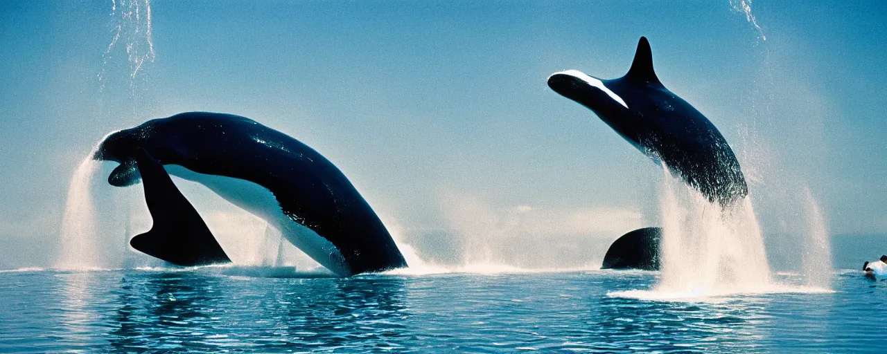 Image similar to shamu whale at sea world playing with spaghetti, water splashing,, small details, intricate, sharply focused, canon 5 0 mm, wes anderson film, kodachrome