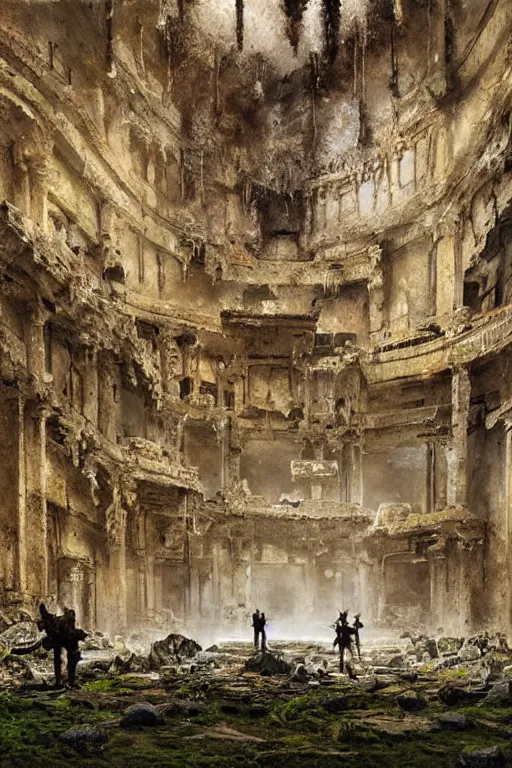 Image similar to looking up at ancient tartarian temle ruins interior, broken statues, moss, intricate, elegant, vivid colors, highly detailed, john park, craig mullins, sparth, ruan jia, jeffrey catherine jones