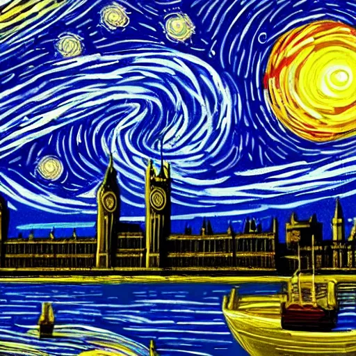 Image similar to A beautiful full screen print of a painting of the houses of parliament in style of starry night