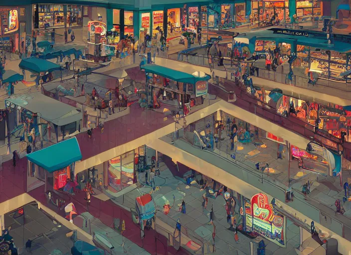 Prompt: large shopping mall center. sharp focus, cinematic pose, cinematic lighting, unreal engine render. art by josan gonzales and moebius and deathburger.