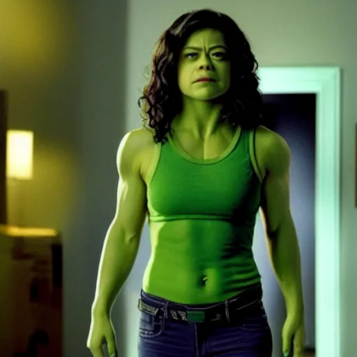 Prompt: a still of tatiana maslany as she hulk