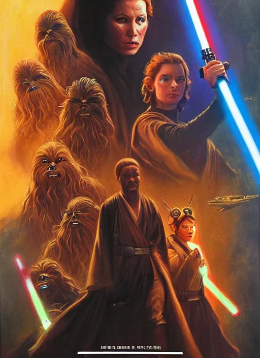 Image similar to epic cinematic poster artwork for featuring portraits for lost star wars film end of an empire ( 1 9 9 0 ), moody painting by drew struzan, beautiful backlit, colorful, iconic composition, epic award winning, artstation, extremely detailed, flare, photorealistic, 4 k