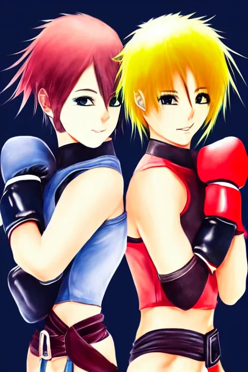 Prompt: two beautiful female fighters with short hair facing each other, detailed anime art