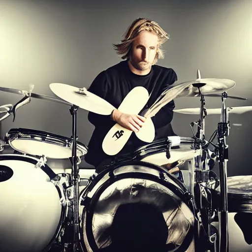 Image similar to photograph of a blonde man with a short goatee and long hair plays an 8 piece rock drum set, dramatic lighting,