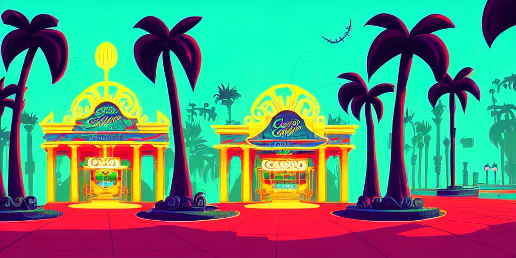 Image similar to curled perspective digital art of casino entrance with marble columns and palmtrees by anton fadeev from nightmare before christmas