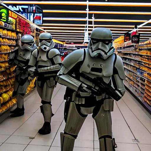 Prompt: Star wars troopers fighting with bananas in a supermarkets fish area, the star wars troopers try shooting and hitting other troopers with bananas, high perspective inside the store, high field of view, 40nm lens, split lighting, 4k,