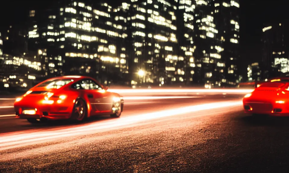 Image similar to photo of a porsche 911 at night driving fast through a city, cinematic, 4k, long exposure photography, tokyo drift, fast and furious, film still, night photography, motion blur, lens flare, movie shot, light trail, distortion, wide angle