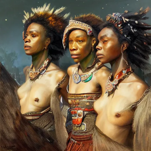 Prompt: three Zulu princesses close to each other, wondering about future of the world, oil painting, by Fernanda Suarez and and Edgar Maxence and greg rutkowski