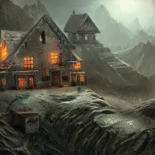 Image similar to nice comfy house in a large dystopian dark fantasy landscape, beautiful mountains, highly detailed, nice lighting, cinematic