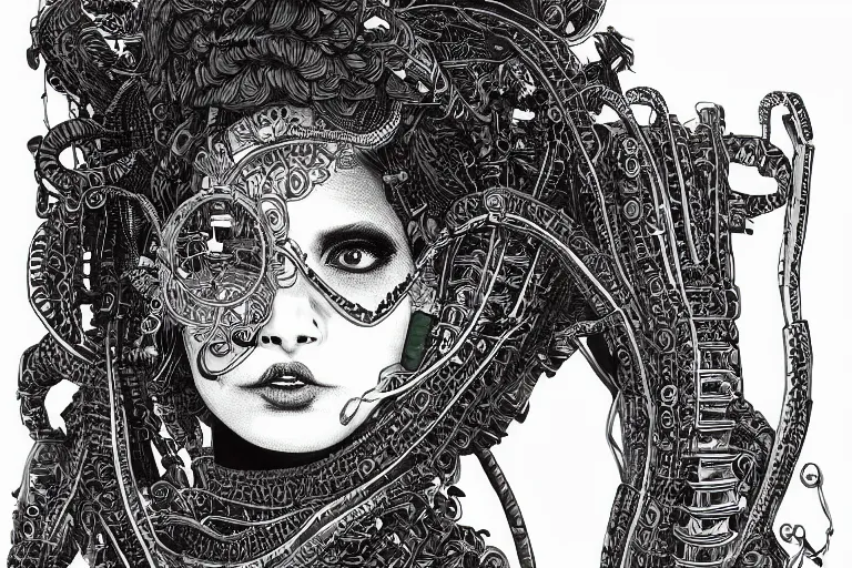 Prompt: beautifully stunning Rococopunk woman_integrating_with_technology_full_face_insipiring_detailed_intricate_ornate_cables_connected_to_head_big_open_electric_eyes_ the_singulairty is now by Hironaka, Harumi