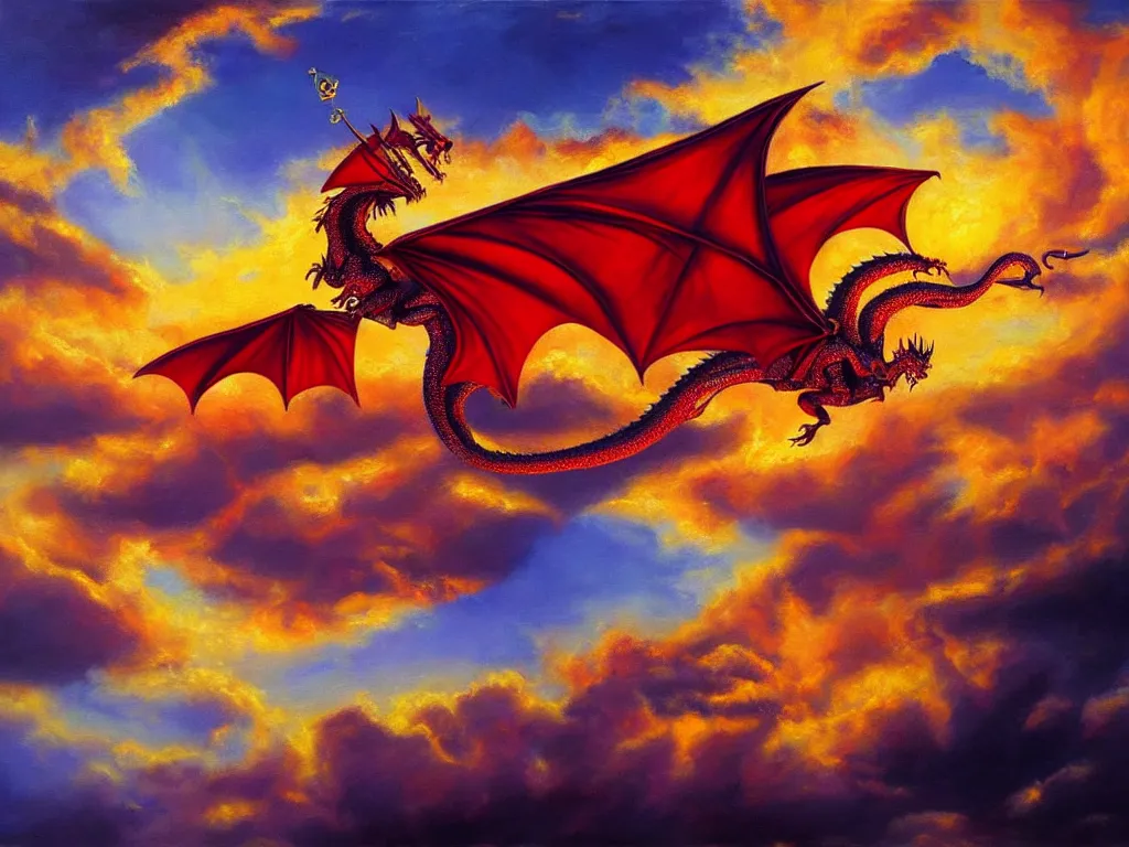 Image similar to A dragon made of rubies and gold flying in sunset clouds, realistic oil painting