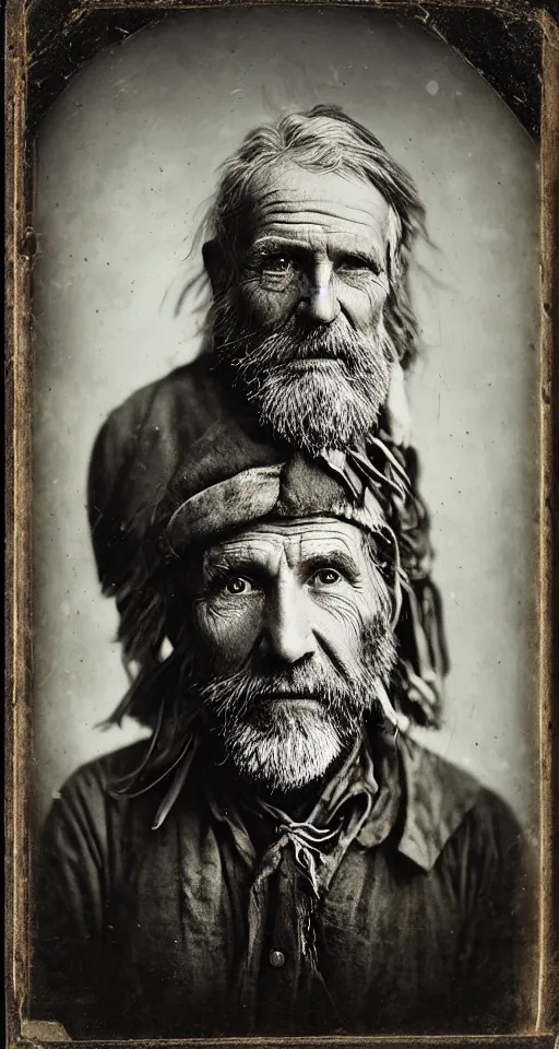 Prompt: a highly detailed digital collodion photograph, a portrait of a grizzled old woodsman