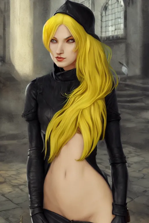 Prompt: girl with yellow hair in a black leather dress in a medieval city, digital art, character art, close - up, beautiful girl, by artgerm, by greg rutkowski, by wlop, photorealism, octane render, cinematic