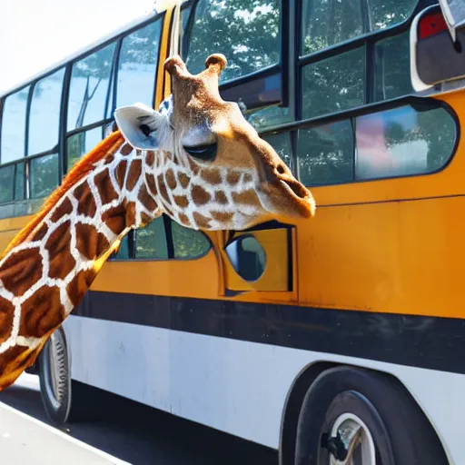 Image similar to giraffe driving a bus