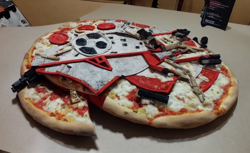 Image similar to a starwars at - at made of pizza