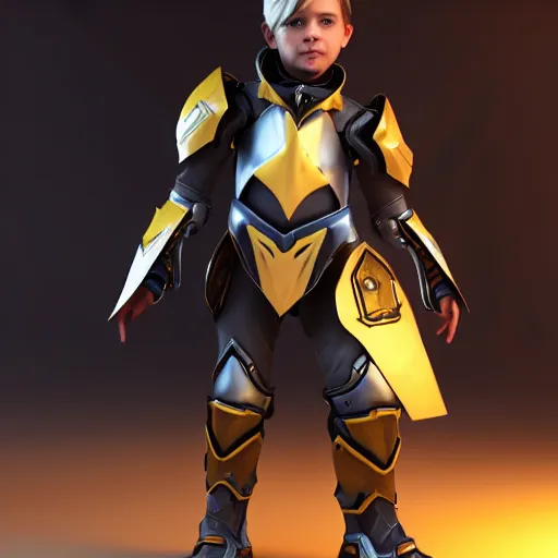 Prompt: a young boy with the appearance and armor of cassidy from overwatch, design, octane render, 4 k, ingame shot