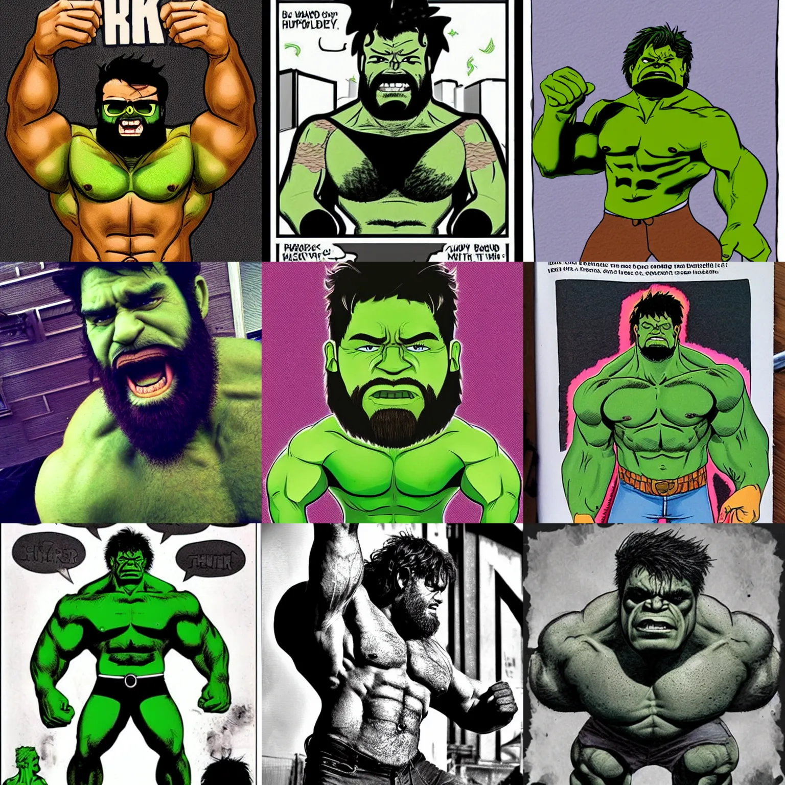 Prompt: the hulk as a hipster with body hairy and a beard