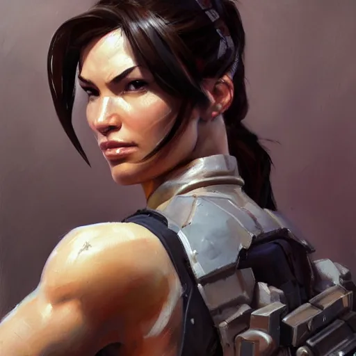 Image similar to greg manchess portrait painting of partially armored lara croft as overwatch character, close - up shot, asymmetrical, profile picture, organic painting, sunny day, matte painting, bold shapes, hard edges, street art, trending on artstation, by huang guangjian and gil elvgren and sachin teng