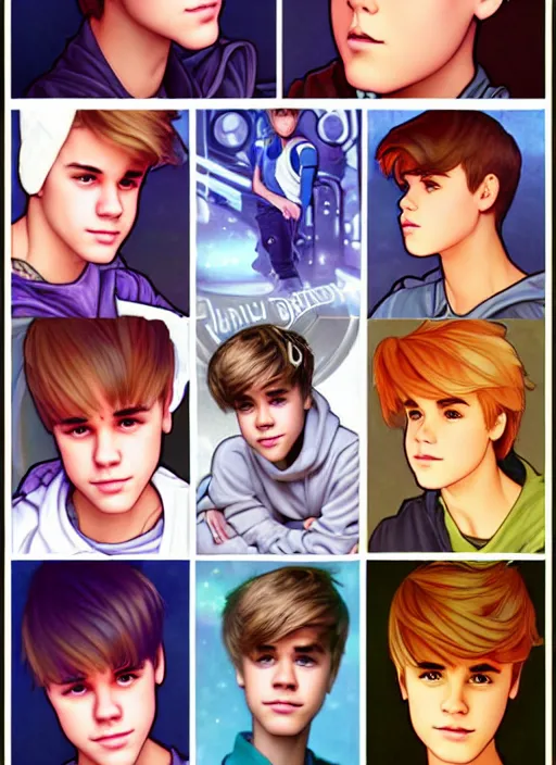 Image similar to cute justin bieber trading card design, natural lighting, path traced, highly detailed, high quality, digital painting, by don bluth and ross tran and studio ghibli and alphonse mucha, artgerm