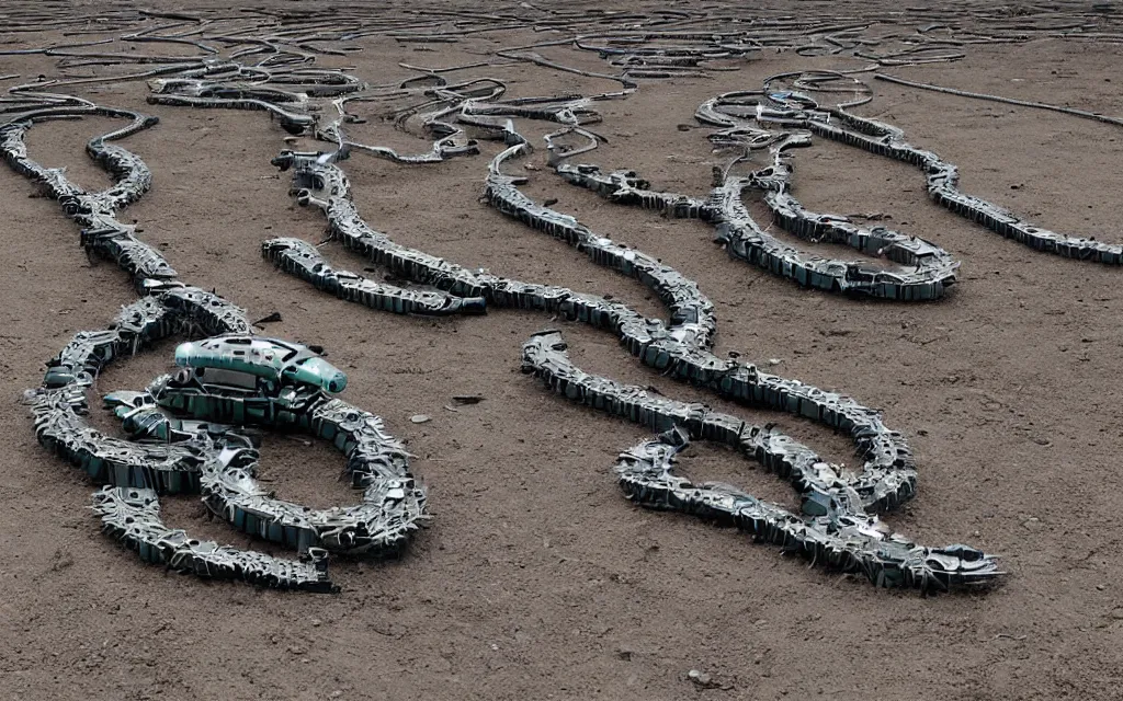 Image similar to robotic centipede travelling across a broken landscape