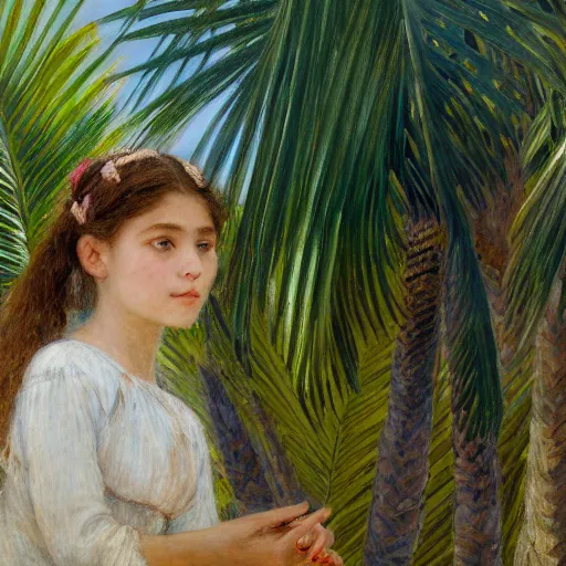 Prompt: a ultradetailed beautiful painting of a girl in the amazonas palace balustrade designed by jules bastien - lepage, tarsila do amaral, frank weston and gustave baumann, beach, trending on artstation, mediterranean, palm trees, detailed face, sharp focus, soft light, 8 k 4 k