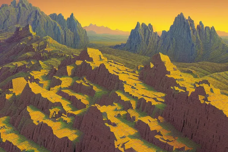 Prompt: beautiful rendered in zbrush ancient painting of a beatiful scenic mountain range surrounded by holographic Myrtle squares, retro tech, vaporwave, by Jean Giraud and Zdzisław Beksiński and Chesley Bonestell and James Gurney, Mc Escher,