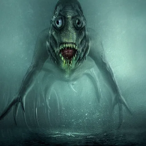 Prompt: sea monster about to eat pov underwater, thalassophobia, creeping forward, dark yellowish water showing anger, pale skin, dark foggy water, dark, dramatic,'silent hill ', terrifying, horror, fear, big eyes, alluring, cinematic