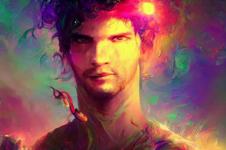 Image similar to a psychedelic young godlike humanoid, hyper detailed, in the style of greg rutkowski and ruan jia and bob ross and lisa frank, selfie