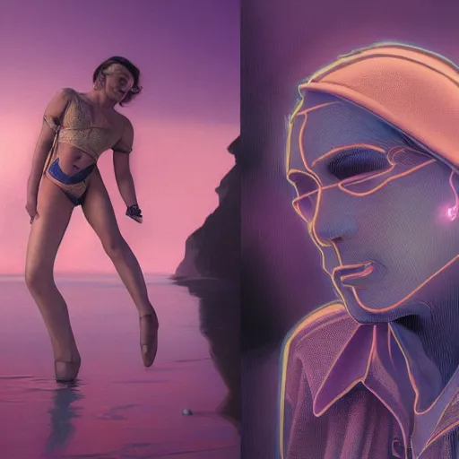 Prompt: ryan gosling robotic clothes in the beach purple sun, dancing ballet, effeminate, pink lighting ultra realistic photorealistic highly detailed high quality, a stunningly, digital painting, artstation, concept art, smooth, sharp focus, illustration, art by artgerm and greg rutkowski and alphonse mucha 8 k
