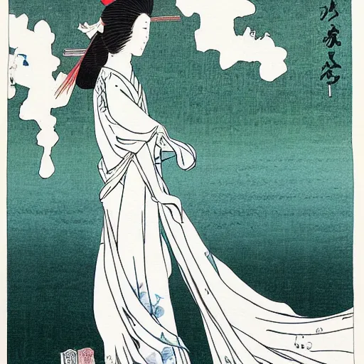 Image similar to ukiyo - e final fantasy dream white mage watercolor woman soft tones magical flowing dress green eyes