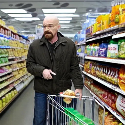 Prompt: Walter White shopping in supermarket