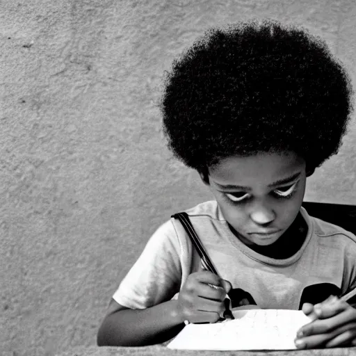 Image similar to a black boy with an afro hairstyle sits at the bench and writes something in a copybook with a pencil, the 9 0 s, garlem, black and white photography