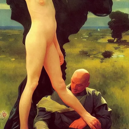 Image similar to dreamy landscape. science fiction. cinematic sci - fi scene. symmetry. accurate anatomy. science fiction theme with lightning. epic. art by john singer sargent - akira toriyama - joaquin sorolla - adolphe bouguereau