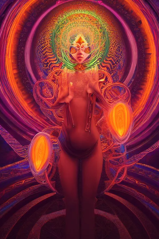 Image similar to a centered render of an alluring goddess wearing a psychedelic mask surrounded by a glorious sacred energy made from geometry and spiral mandel bulb fractals, powerful, cinematic, beautifully lit, by artgerm, by karol bak, 3 d, trending on artstation, octane render, 8 k