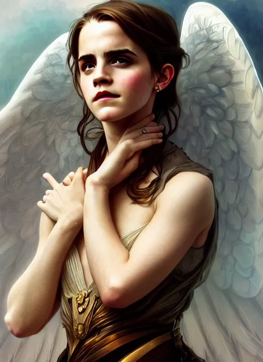 Image similar to portrait of emma watson as an sultry angel, wings, bible, intricate, headshot, highly detailed, digital painting, artstation, concept art, sharp focus, cinematic lighting, illustration, art by artgerm and greg rutkowski, alphonse mucha, cgsociety