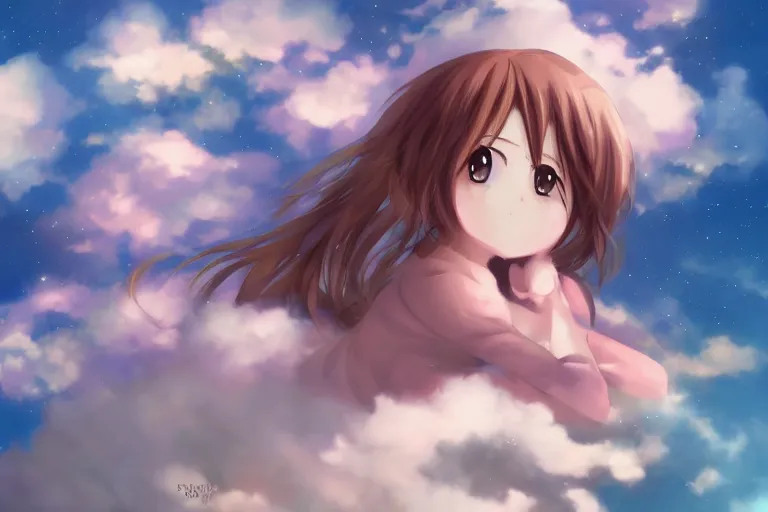 Image similar to a cute anime girl sitting on a cloud, digital painting, anime, portrait