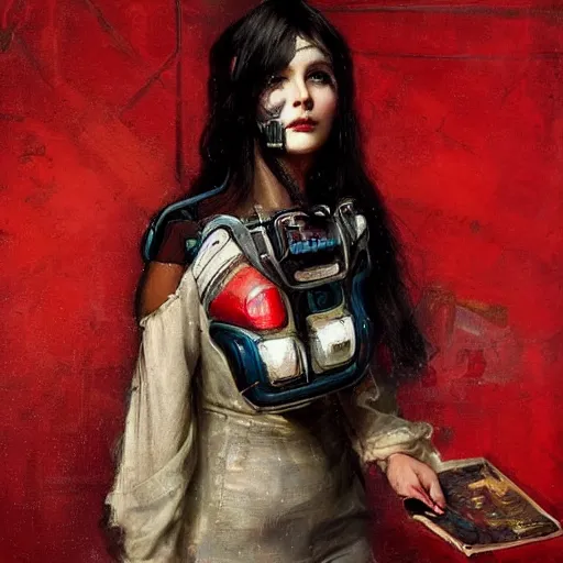 Image similar to Solomon Joseph Solomon and Richard Schmid and Jeremy Lipking victorian genre painting portrait painting of a young beautiful woman android cyberpunk future hacker punk rock in fantasy costume, red background