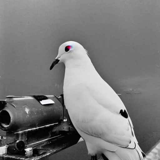 Image similar to grainy photograph of a white dove sitting on a tank gun during war night