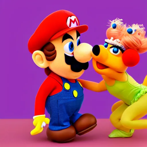 Image similar to A full body still of Mario and Princess Peach as muppets, photo real, photographic, photograph, artstation, trending, award winning, epic lighting, featured